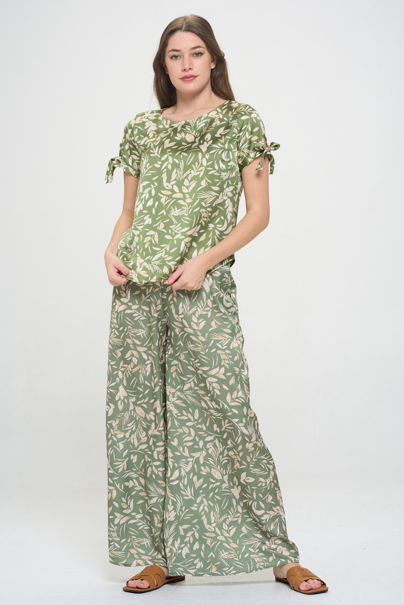 Satin Floral Print Short Sleeve Top with Sleeve Tie-1