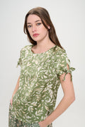 Satin Floral Print Short Sleeve Top with Sleeve Tie-0