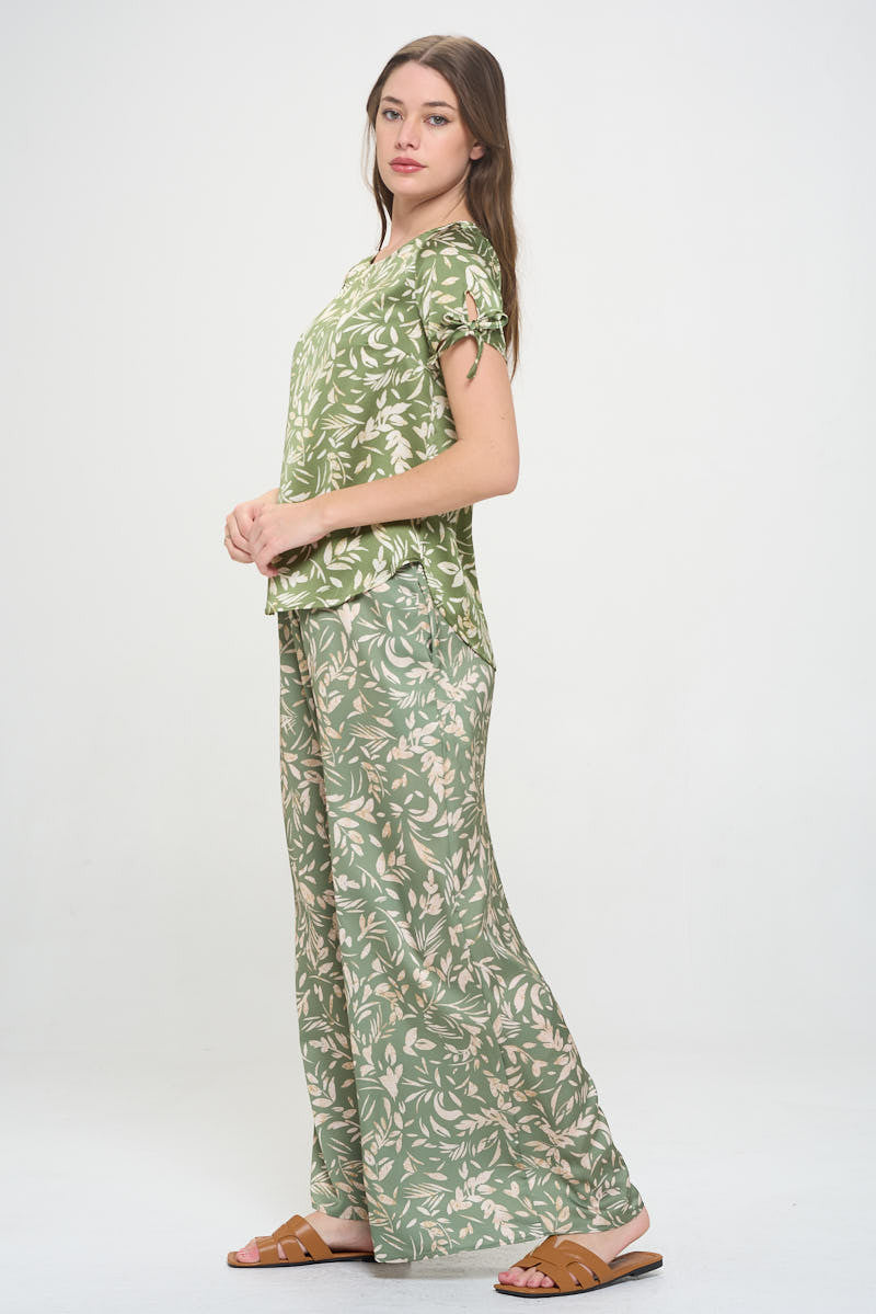 Satin Floral Print Short Sleeve Top with Sleeve Tie-3