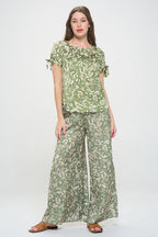 Satin Floral Print Short Sleeve Top with Sleeve Tie-2