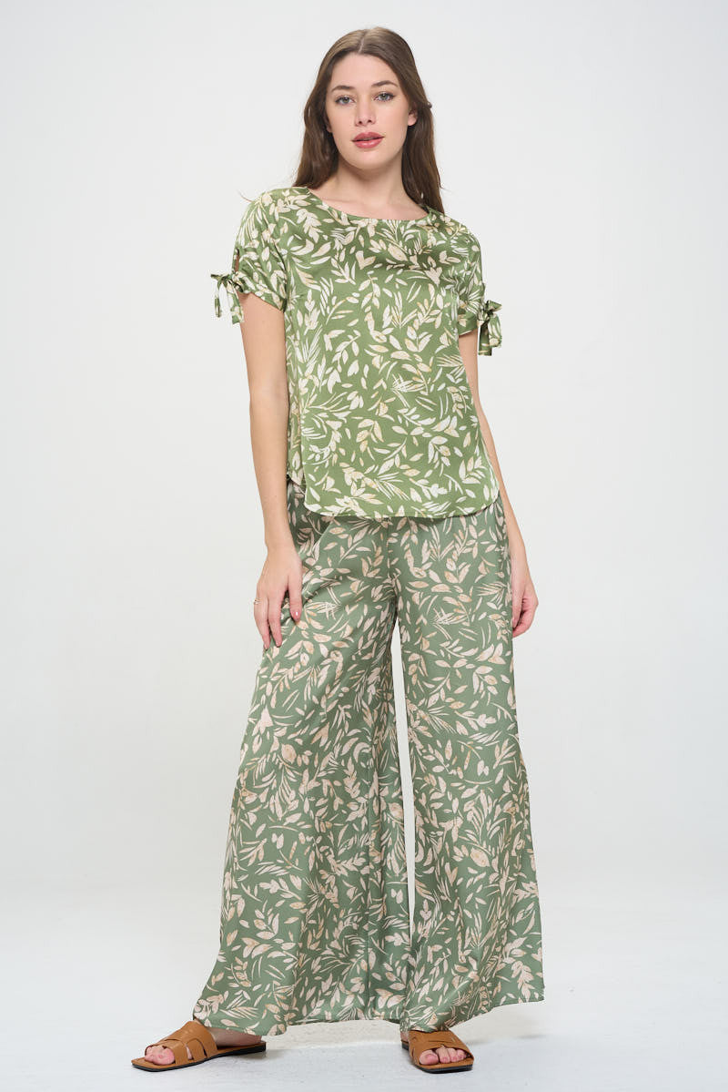 Satin Floral Print Short Sleeve Top with Sleeve Tie-2