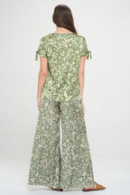 Satin Floral Print Short Sleeve Top with Sleeve Tie-4