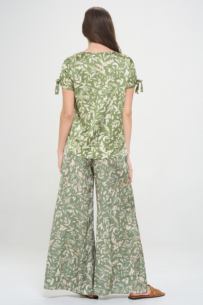 Satin Floral Print Short Sleeve Top with Sleeve Tie-4